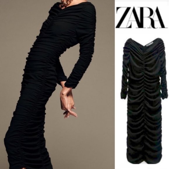 Zara Limited Edition Black Draped Midi Dress Sz Small NWT - Picture 2 of 5